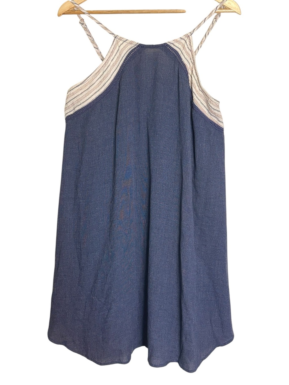 Hem & Thread Blue Chambray Swing Summer Dress Boho Striped Trim Sleeveless Sz L